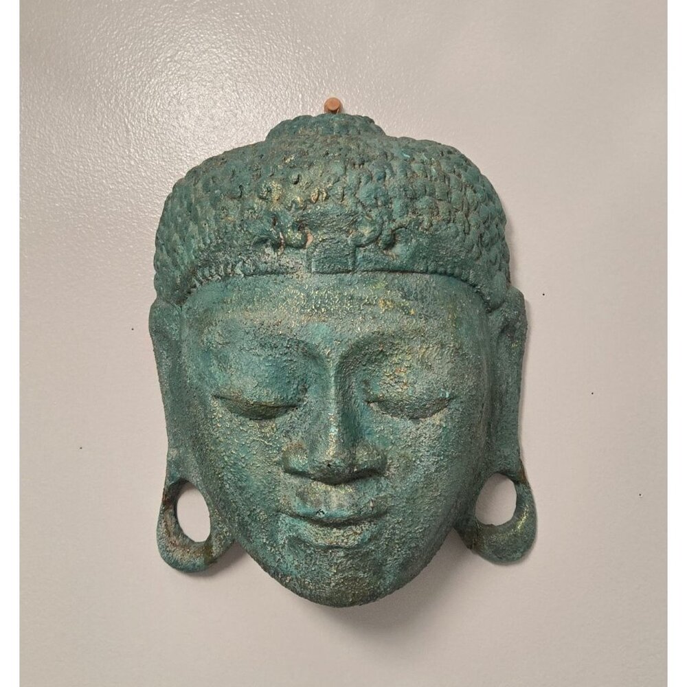Hand-Carved Wooden Buddha Head Wall Art - Distressed Turquoise With Gold Accents